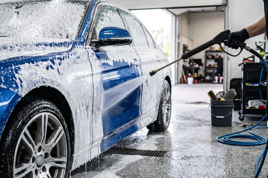 Blue sedan covered in wash foam being rinsed by hand in a detailing bay