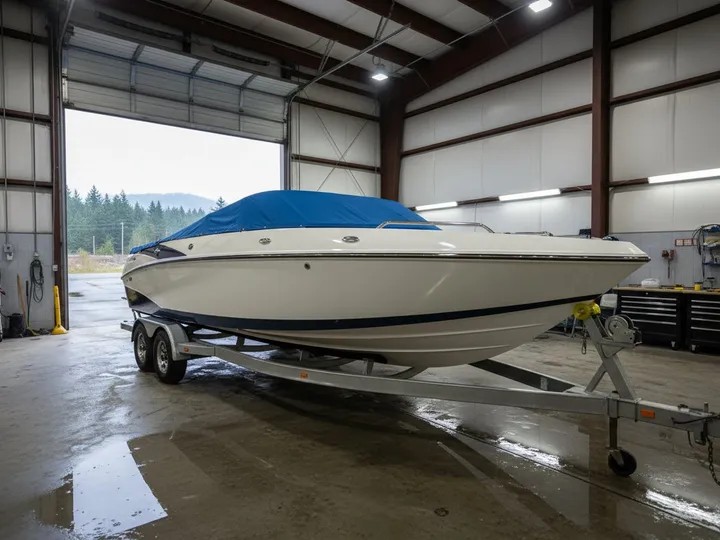 Polished white and navy boat on a trailer inside a detailing shop