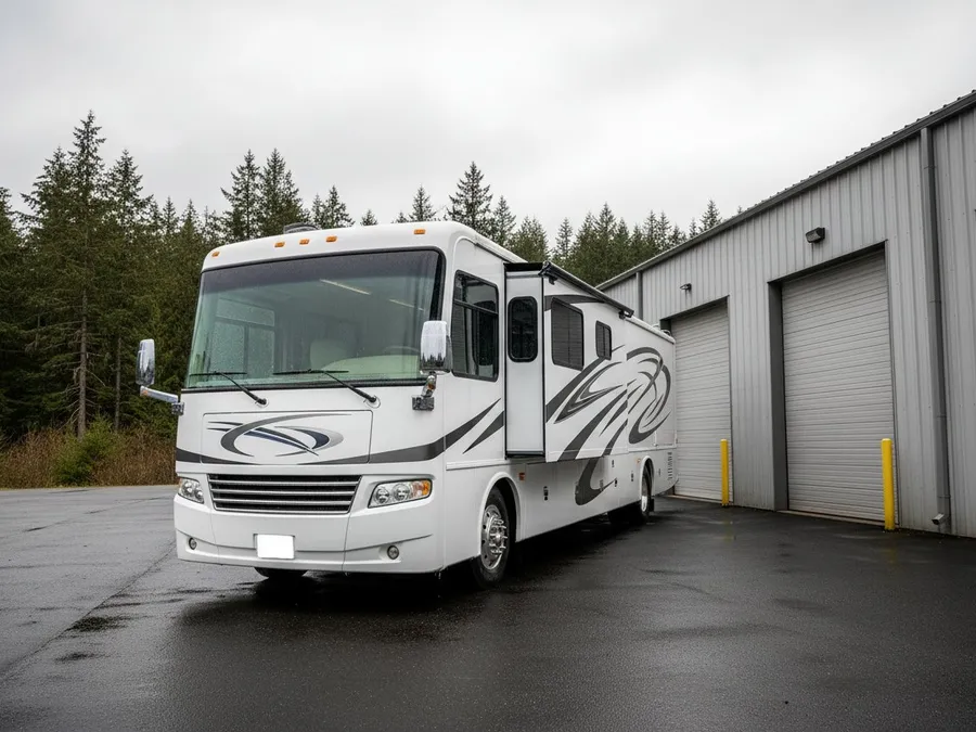 Clean white Class A motorhome parked outside a detailing shop