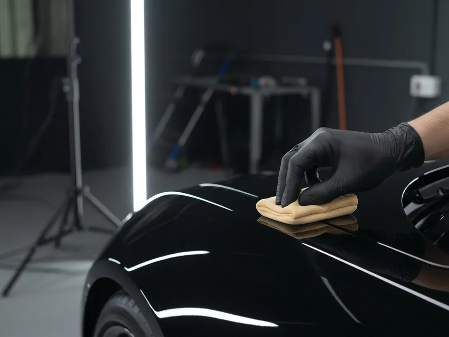 Gloved hand applying ceramic coating to the glossy black fender of a car