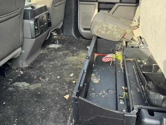 Crew cab pickup back seat area with a dirty carpet, mold spots and the seat folded up