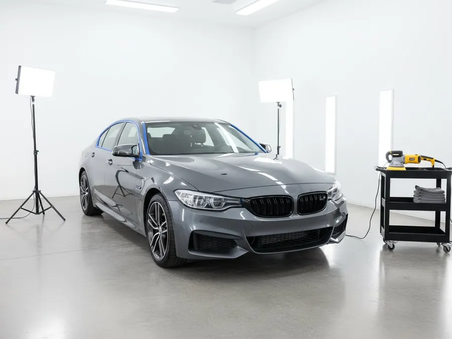 Gray sedan taped off for machine polishing with work lights and a polisher beside it